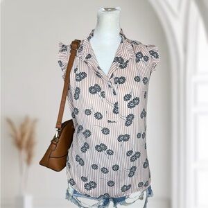 LOFT Size XS Sleeveless Ruffle Trim Striped Floral Popover Blouse
